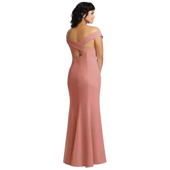 Dessy Collection Off Shoulder Cross Back Trumpet Gown Desert Rose Size 16 - Picture 5 of 9